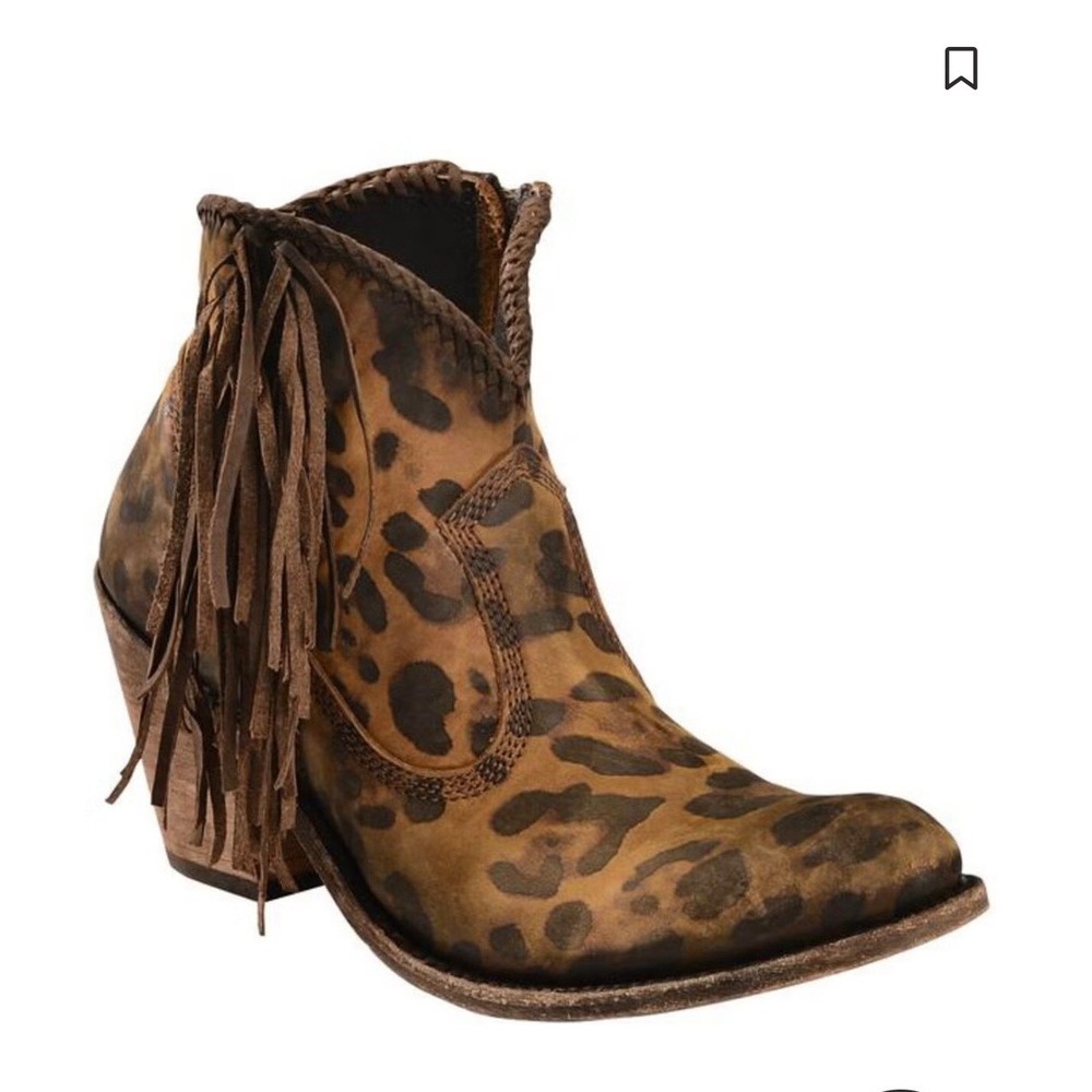 Liberty Black Leopard Print Leather Fringe Western Ankle Boots Brown Size 8